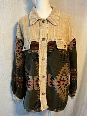Mazik Aztec Geo Print Patchwork Courduroy Shacket